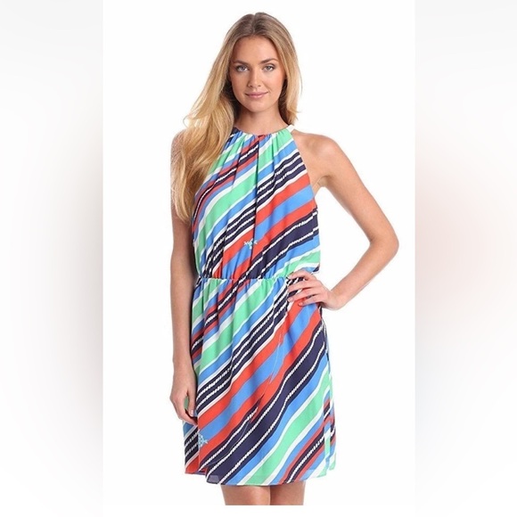 LILLY PULITZER KENNET OVERBOARD STRIPE BRAIDED CHAIN HALTER DRESS 100% SILK - Picture 4 of 14